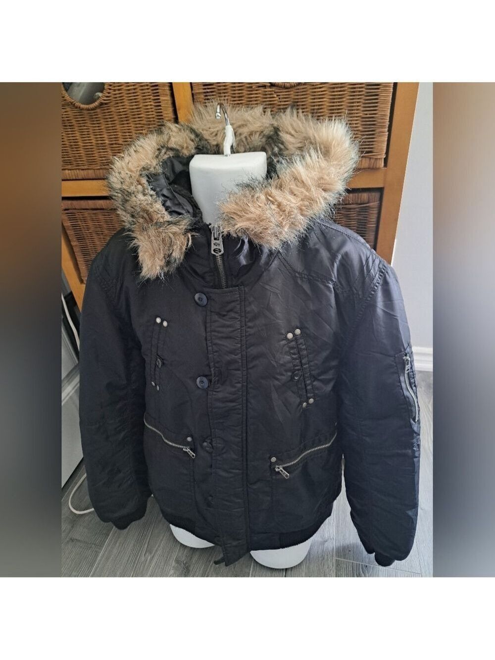 VTG DAVID BITTON BUFFALO JERAR bomber winter coat Jacket faux fur hood Black LG